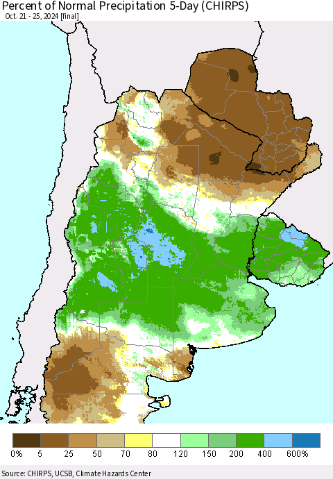 Southern South America Percent of Normal Precipitation 5-Day (CHIRPS) Thematic Map For 10/21/2024 - 10/25/2024