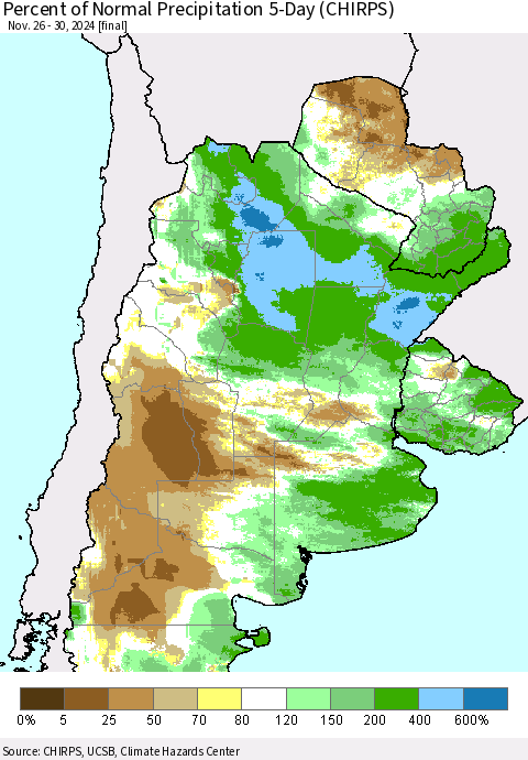 Southern South America Percent of Normal Precipitation 5-Day (CHIRPS) Thematic Map For 11/26/2024 - 11/30/2024