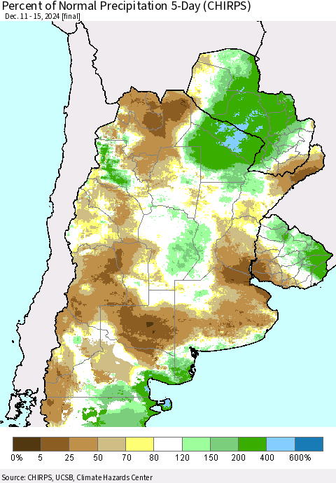 Southern South America Percent of Normal Precipitation 5-Day (CHIRPS) Thematic Map For 12/11/2024 - 12/15/2024