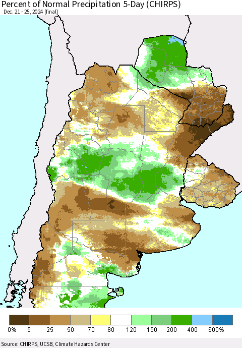 Southern South America Percent of Normal Precipitation 5-Day (CHIRPS) Thematic Map For 12/21/2024 - 12/25/2024