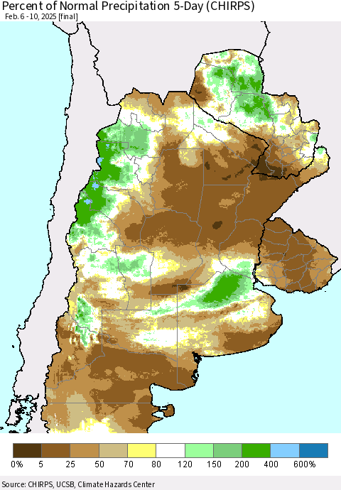 Southern South America Percent of Normal Precipitation 5-Day (CHIRPS) Thematic Map For 2/6/2025 - 2/10/2025