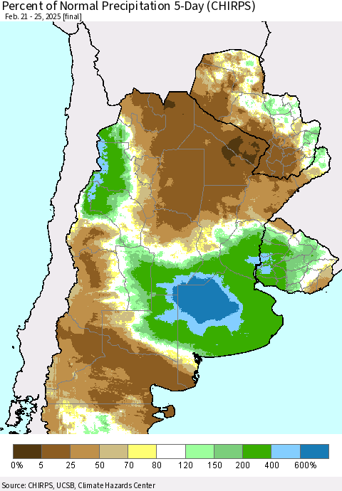 Southern South America Percent of Normal Precipitation 5-Day (CHIRPS) Thematic Map For 2/21/2025 - 2/25/2025
