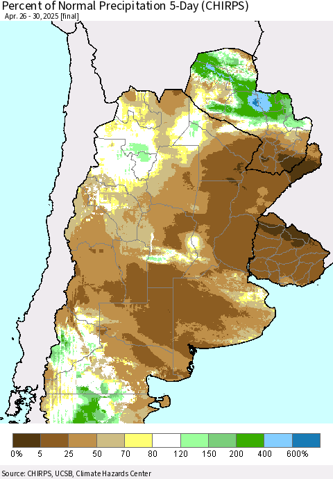 Southern South America Percent of Normal Precipitation 5-Day (CHIRPS) Thematic Map For 4/26/2025 - 4/30/2025