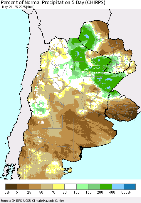 Southern South America Percent of Normal Precipitation 5-Day (CHIRPS) Thematic Map For 5/21/2025 - 5/25/2025