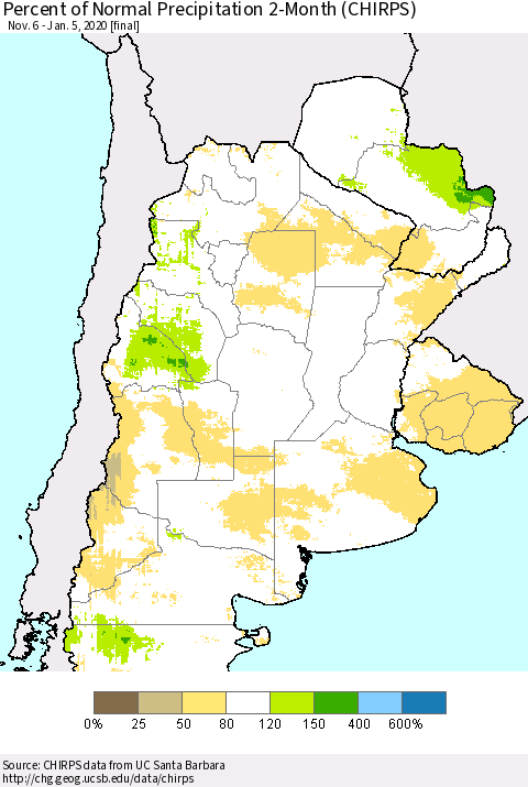 Southern South America Percent of Normal Precipitation 2-Month (CHIRPS) Thematic Map For 11/6/2019 - 1/5/2020