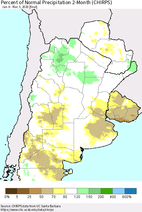 Southern South America Percent of Normal Precipitation 2-Month (CHIRPS) Thematic Map For 1/6/2020 - 3/5/2020