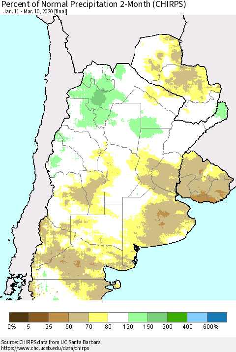 Southern South America Percent of Normal Precipitation 2-Month (CHIRPS) Thematic Map For 1/11/2020 - 3/10/2020