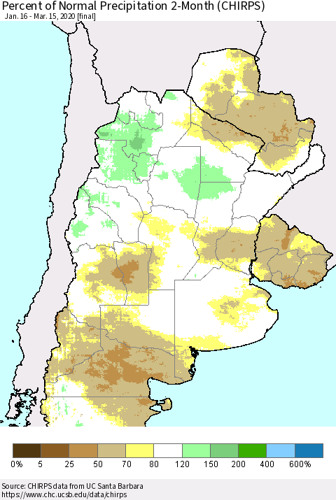 Southern South America Percent of Normal Precipitation 2-Month (CHIRPS) Thematic Map For 1/16/2020 - 3/15/2020