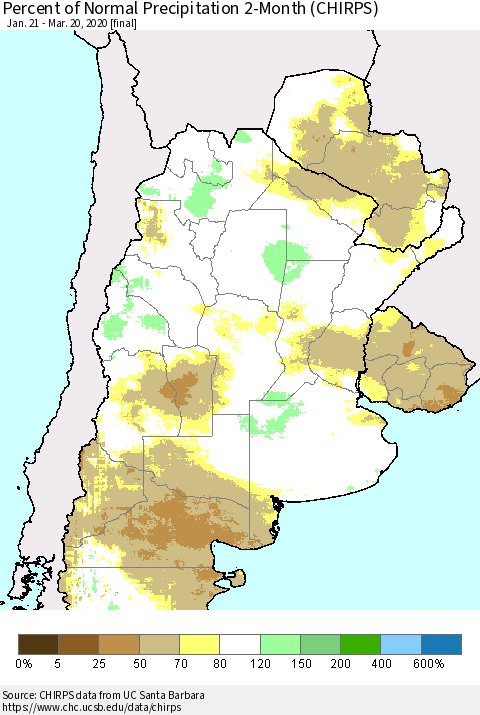 Southern South America Percent of Normal Precipitation 2-Month (CHIRPS) Thematic Map For 1/21/2020 - 3/20/2020