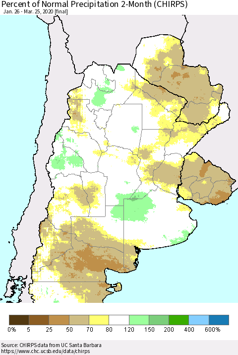 Southern South America Percent of Normal Precipitation 2-Month (CHIRPS) Thematic Map For 1/26/2020 - 3/25/2020