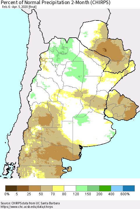Southern South America Percent of Normal Precipitation 2-Month (CHIRPS) Thematic Map For 2/6/2020 - 4/5/2020