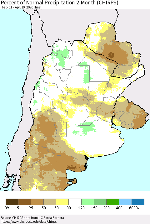 Southern South America Percent of Normal Precipitation 2-Month (CHIRPS) Thematic Map For 2/11/2020 - 4/10/2020