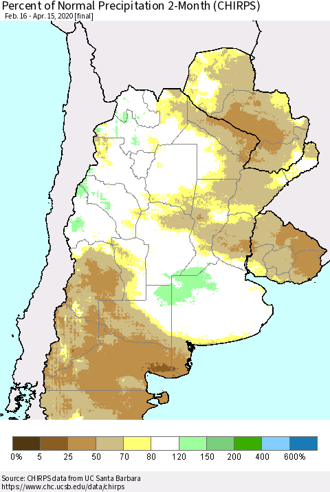 Southern South America Percent of Normal Precipitation 2-Month (CHIRPS) Thematic Map For 2/16/2020 - 4/15/2020