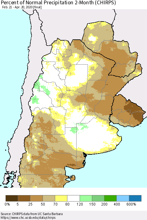 Southern South America Percent of Normal Precipitation 2-Month (CHIRPS) Thematic Map For 2/21/2020 - 4/20/2020