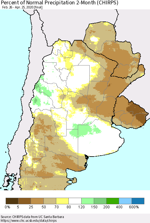Southern South America Percent of Normal Precipitation 2-Month (CHIRPS) Thematic Map For 2/26/2020 - 4/25/2020