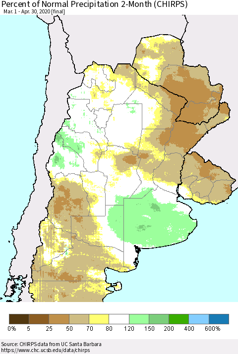 Southern South America Percent of Normal Precipitation 2-Month (CHIRPS) Thematic Map For 3/1/2020 - 4/30/2020
