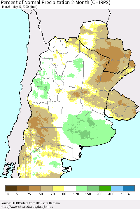 Southern South America Percent of Normal Precipitation 2-Month (CHIRPS) Thematic Map For 3/6/2020 - 5/5/2020
