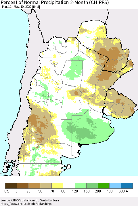 Southern South America Percent of Normal Precipitation 2-Month (CHIRPS) Thematic Map For 3/11/2020 - 5/10/2020