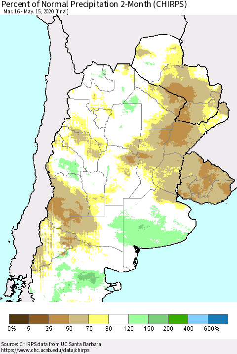 Southern South America Percent of Normal Precipitation 2-Month (CHIRPS) Thematic Map For 3/16/2020 - 5/15/2020