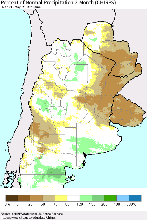 Southern South America Percent of Normal Precipitation 2-Month (CHIRPS) Thematic Map For 3/21/2020 - 5/20/2020