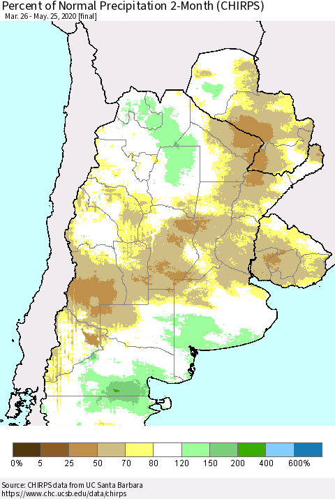 Southern South America Percent of Normal Precipitation 2-Month (CHIRPS) Thematic Map For 3/26/2020 - 5/25/2020