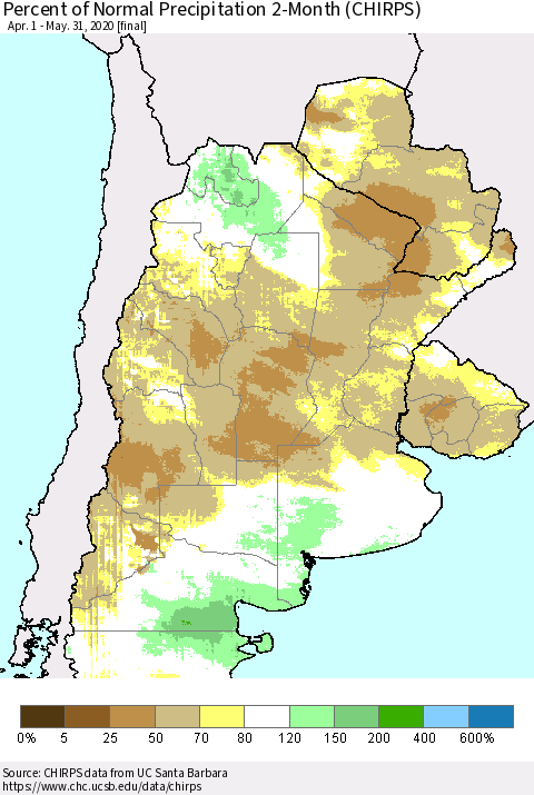Southern South America Percent of Normal Precipitation 2-Month (CHIRPS) Thematic Map For 4/1/2020 - 5/31/2020