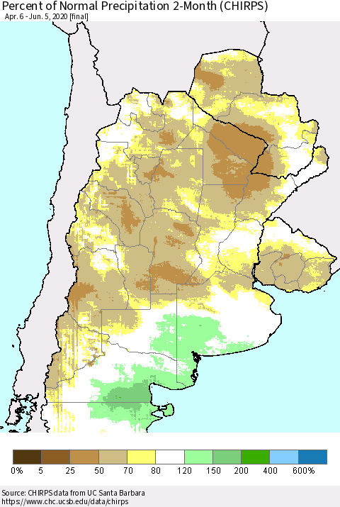Southern South America Percent of Normal Precipitation 2-Month (CHIRPS) Thematic Map For 4/6/2020 - 6/5/2020