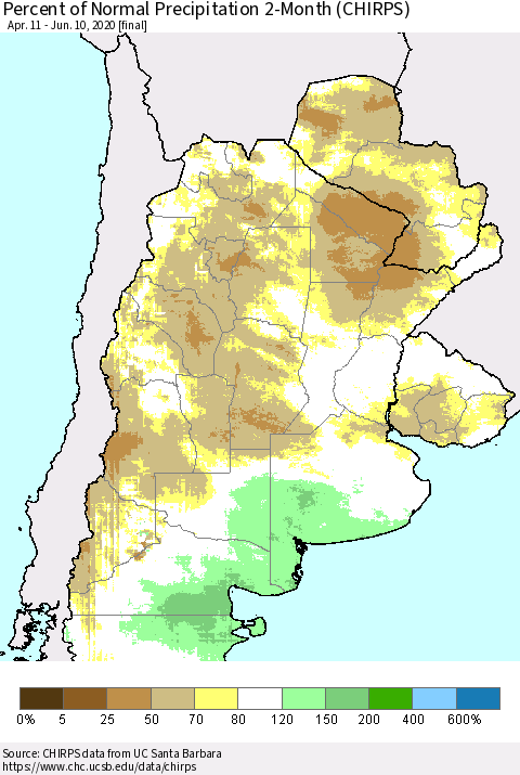 Southern South America Percent of Normal Precipitation 2-Month (CHIRPS) Thematic Map For 4/11/2020 - 6/10/2020