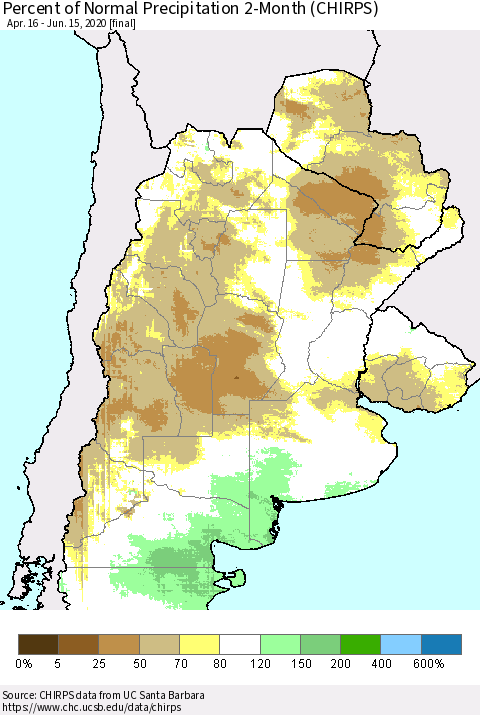 Southern South America Percent of Normal Precipitation 2-Month (CHIRPS) Thematic Map For 4/16/2020 - 6/15/2020
