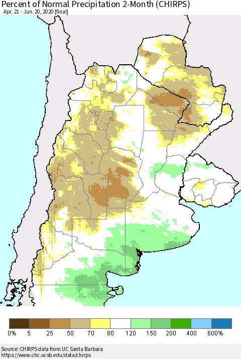 Southern South America Percent of Normal Precipitation 2-Month (CHIRPS) Thematic Map For 4/21/2020 - 6/20/2020