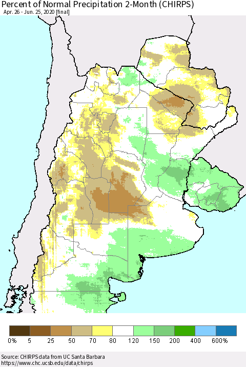 Southern South America Percent of Normal Precipitation 2-Month (CHIRPS) Thematic Map For 4/26/2020 - 6/25/2020