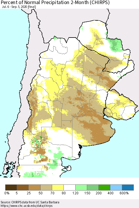 Southern South America Percent of Normal Precipitation 2-Month (CHIRPS) Thematic Map For 7/6/2020 - 9/5/2020
