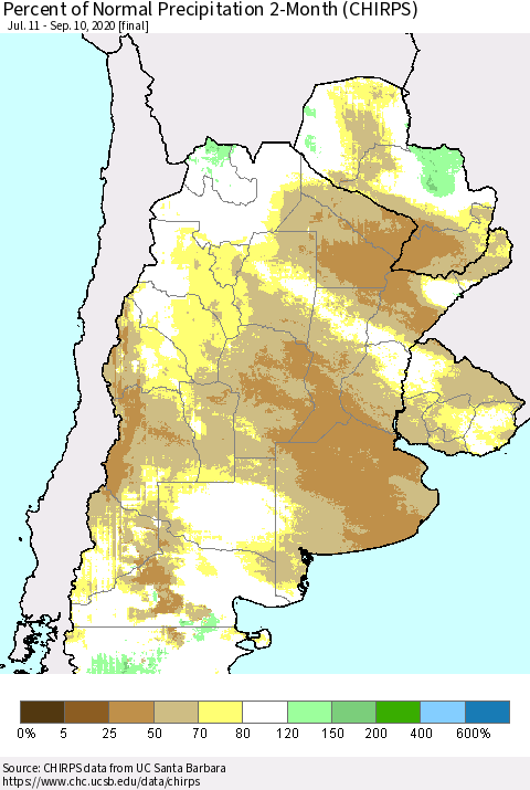 Southern South America Percent of Normal Precipitation 2-Month (CHIRPS) Thematic Map For 7/11/2020 - 9/10/2020