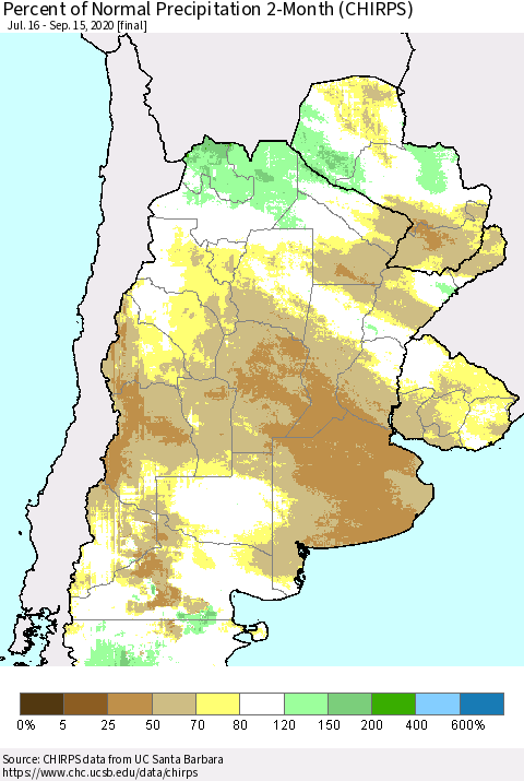 Southern South America Percent of Normal Precipitation 2-Month (CHIRPS) Thematic Map For 7/16/2020 - 9/15/2020