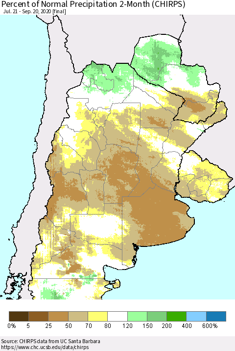 Southern South America Percent of Normal Precipitation 2-Month (CHIRPS) Thematic Map For 7/21/2020 - 9/20/2020