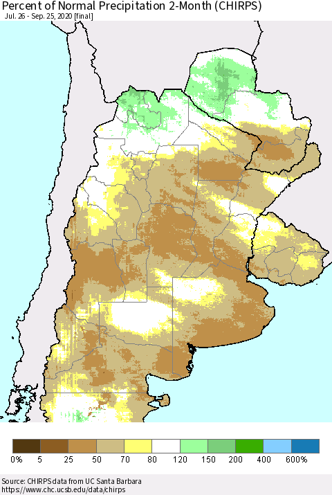 Southern South America Percent of Normal Precipitation 2-Month (CHIRPS) Thematic Map For 7/26/2020 - 9/25/2020