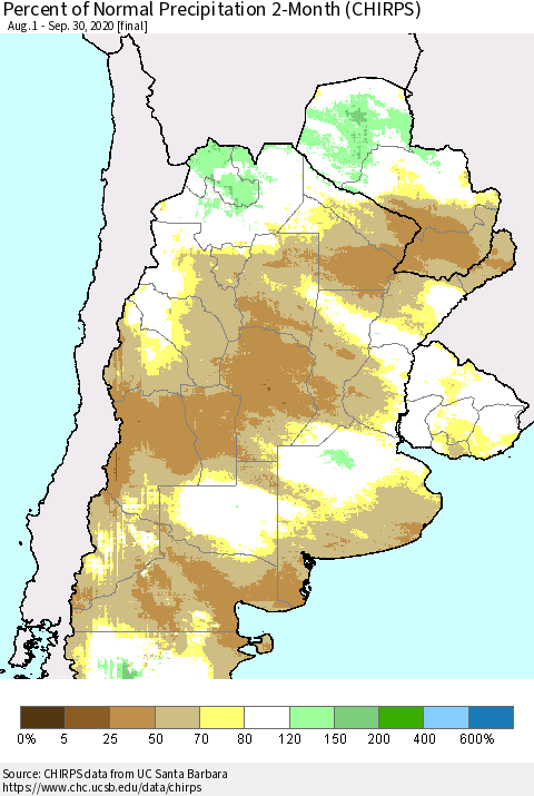 Southern South America Percent of Normal Precipitation 2-Month (CHIRPS) Thematic Map For 8/1/2020 - 9/30/2020