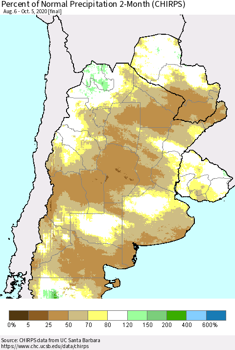 Southern South America Percent of Normal Precipitation 2-Month (CHIRPS) Thematic Map For 8/6/2020 - 10/5/2020
