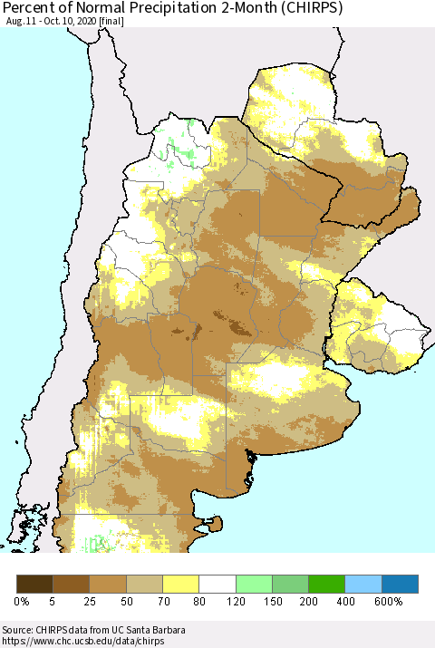 Southern South America Percent of Normal Precipitation 2-Month (CHIRPS) Thematic Map For 8/11/2020 - 10/10/2020