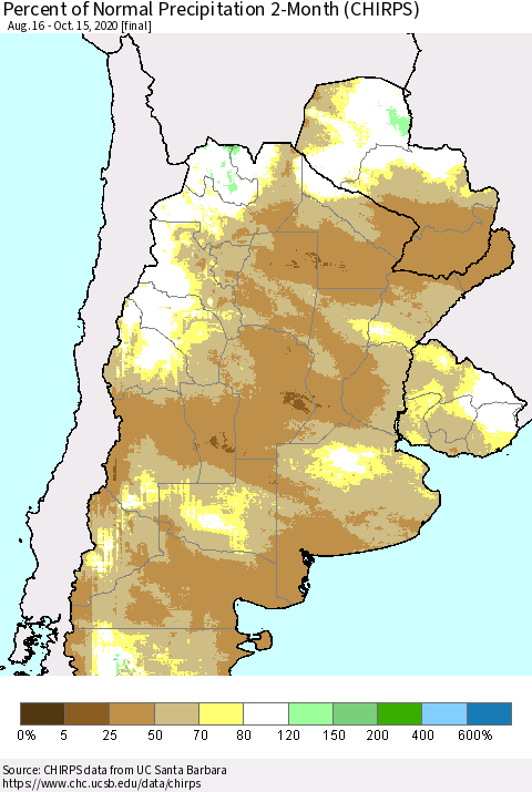 Southern South America Percent of Normal Precipitation 2-Month (CHIRPS) Thematic Map For 8/16/2020 - 10/15/2020