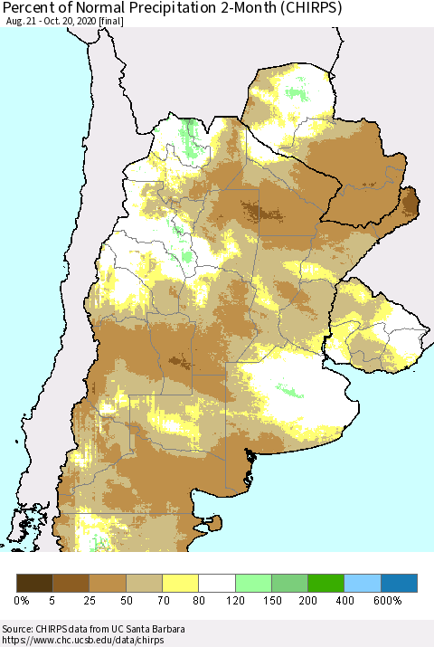 Southern South America Percent of Normal Precipitation 2-Month (CHIRPS) Thematic Map For 8/21/2020 - 10/20/2020