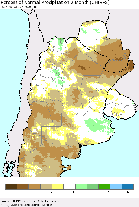 Southern South America Percent of Normal Precipitation 2-Month (CHIRPS) Thematic Map For 8/26/2020 - 10/25/2020