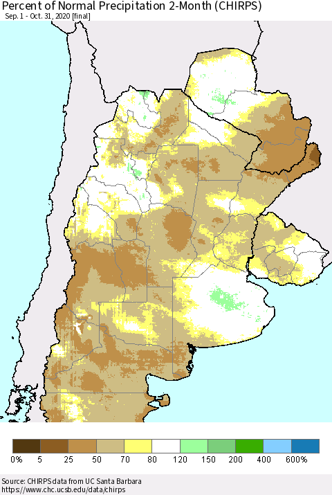 Southern South America Percent of Normal Precipitation 2-Month (CHIRPS) Thematic Map For 9/1/2020 - 10/31/2020