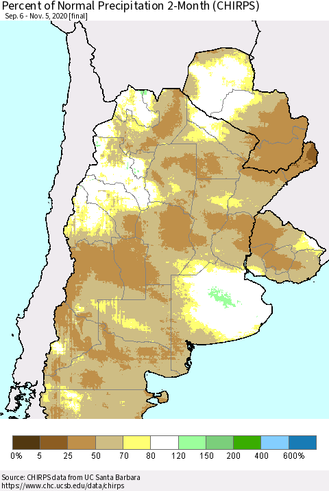 Southern South America Percent of Normal Precipitation 2-Month (CHIRPS) Thematic Map For 9/6/2020 - 11/5/2020