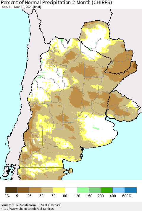 Southern South America Percent of Normal Precipitation 2-Month (CHIRPS) Thematic Map For 9/11/2020 - 11/10/2020