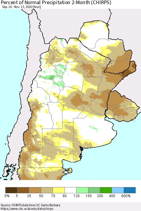 Southern South America Percent of Normal Precipitation 2-Month (CHIRPS) Thematic Map For 9/16/2020 - 11/15/2020