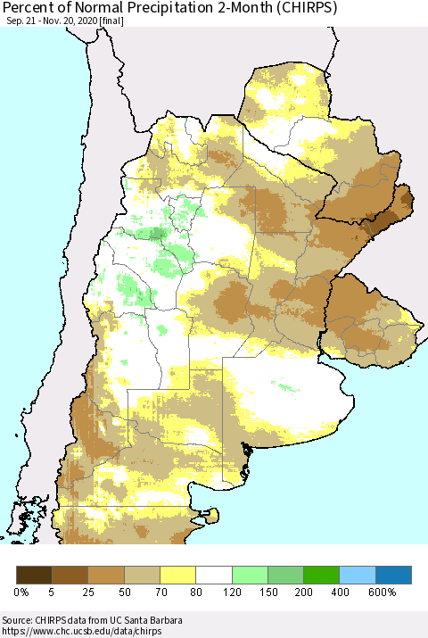Southern South America Percent of Normal Precipitation 2-Month (CHIRPS) Thematic Map For 9/21/2020 - 11/20/2020