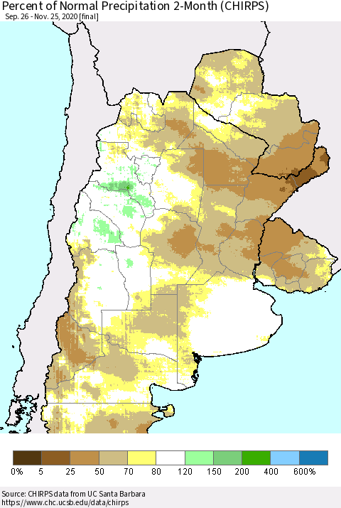 Southern South America Percent of Normal Precipitation 2-Month (CHIRPS) Thematic Map For 9/26/2020 - 11/25/2020