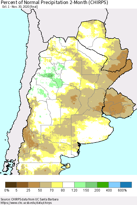 Southern South America Percent of Normal Precipitation 2-Month (CHIRPS) Thematic Map For 10/1/2020 - 11/30/2020