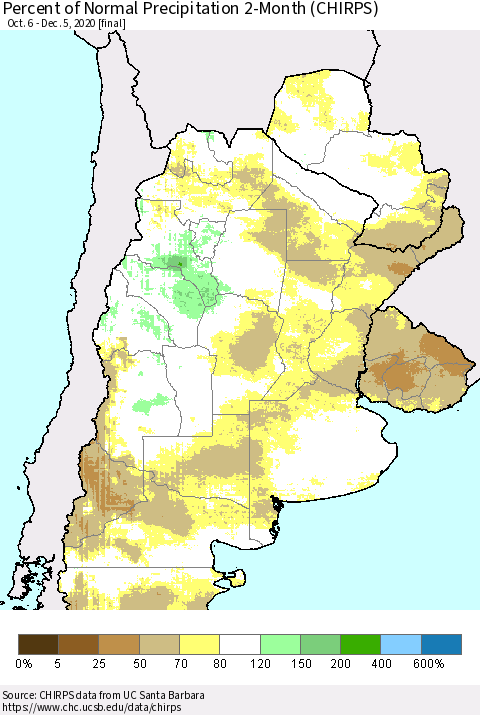 Southern South America Percent of Normal Precipitation 2-Month (CHIRPS) Thematic Map For 10/6/2020 - 12/5/2020